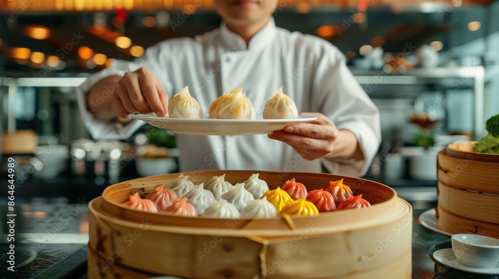 A chef is holding a plate of dumplings in front of a wooden bamboo steamer. The dumplings are in various colors and shapes, and the chef is preparing them for serving