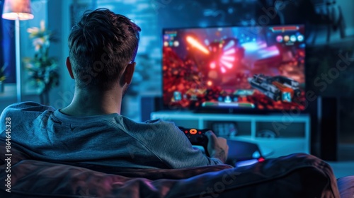 A man is playing a video game on a television. He is holding a controller and he is enjoying the game. The room is dimly lit, creating a cozy atmosphere