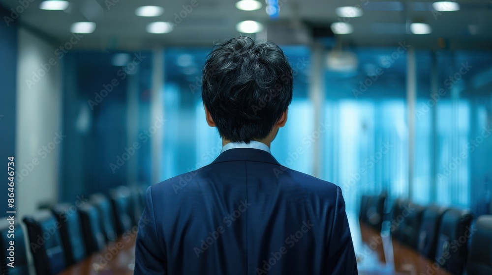 A man in a suit is at a conference table in a large room A man in a suit is at a conference table in a large room