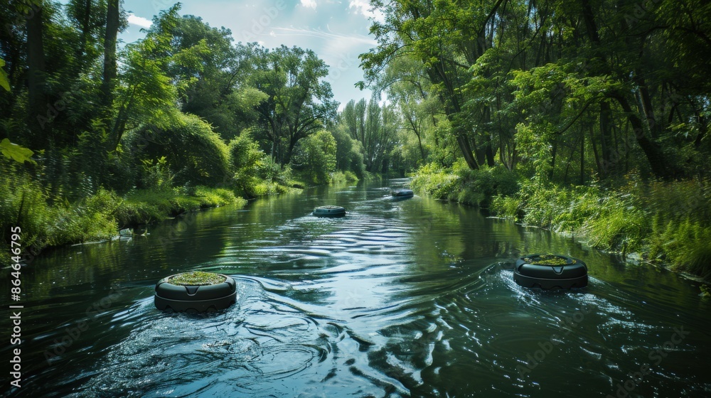 A river with a few rubber tires floating on it. The tires are in the water and are not visible A river with a few rubber tires floating on it. The tires are in the water and are not visible