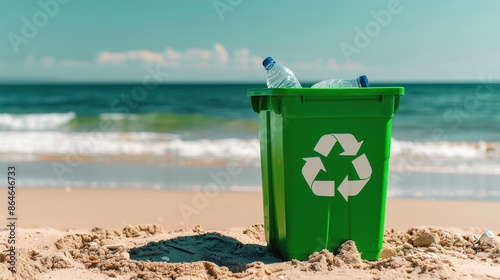 A green trash can is on the beach with three bottles in it. The scene conveys the importance of recycling and taking care of the environment