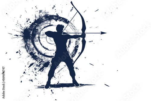 Silhouette of Archer Aiming at Target with Black Paint Splatter Background. Olympics in France 2024.