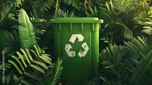 A trash can with a recycling symbol on it. The image conveys the importance of recycling and taking care of the environment