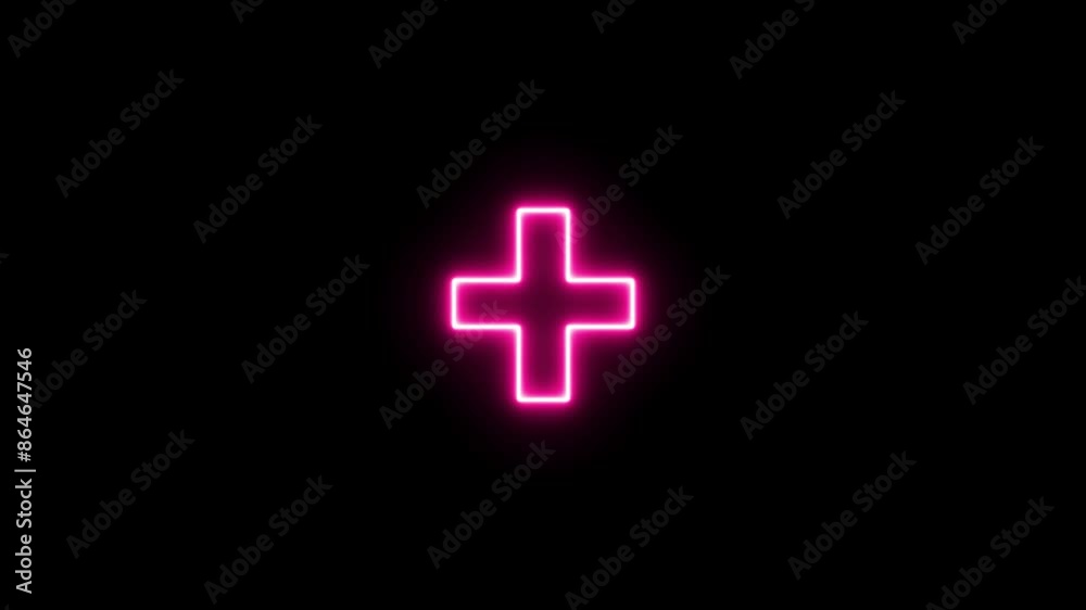 Abstract neon medical cross icon animation, neon plus sign icon,
Plus neon sign. Computer generated 3d render,
Neon Glowing Plus Symbol on Black Background. 
Plus neon sign 4k Looped Animation.