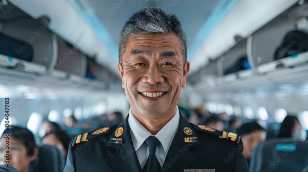 A smiling man in a uniform stands in the middle of a plane. He is surrounded by other passengers, some of whom are also smiling. The atmosphere seems to be lighthearted and friendly A smiling man in a uniform stands in the middle of a plane. He is surrounded by other passengers, some of whom are also smiling. The atmosphere seems to be lighthearted and friendly