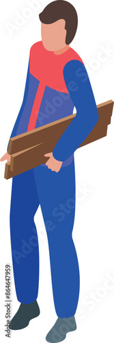 Construction worker holding wooden planks isometric illustration
