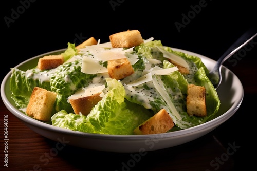 Traditional caesar salad consisting of parmesan cheese, croutons, and lettuce. salad with Caesar dressing. Delicious vegetarian recipe for a cookbook. menu for diet and fitness. top view.