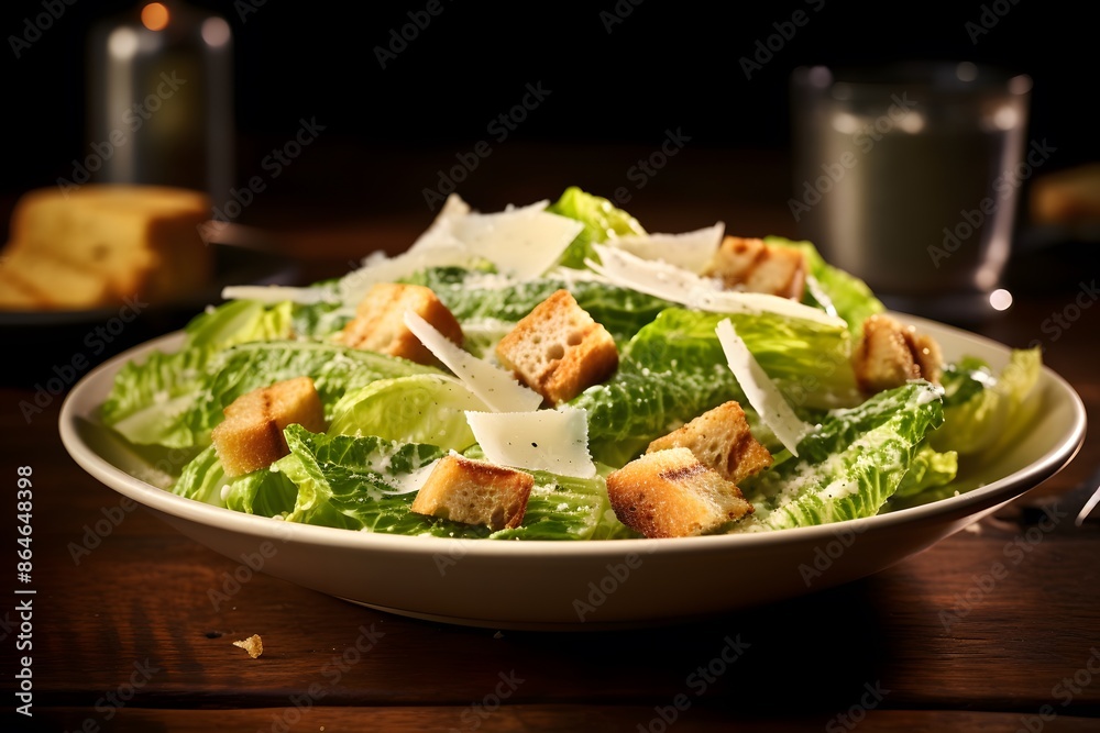 Traditional caesar salad consisting of parmesan cheese, croutons, and lettuce. salad with Caesar dressing. Delicious vegetarian recipe for a cookbook. menu for diet and fitness. top view. Traditional caesar salad consisting of parmesan cheese, croutons, and lettuce. salad with Caesar dressing. Delicious vegetarian recipe for a cookbook. menu for diet and fitness. top view.