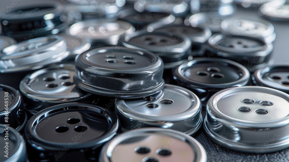 A assortment of round metal buttons, grey and black colors, piled together on a white background, suitable for clothing and design enthusiasts. A assortment of round metal buttons, grey and black colors, piled together on a white background, suitable for clothing and design enthusiasts.