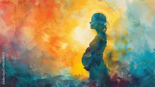 A watercolor painting depicting a pregnant woman in silhouette against a colorful sunset background, copy space
