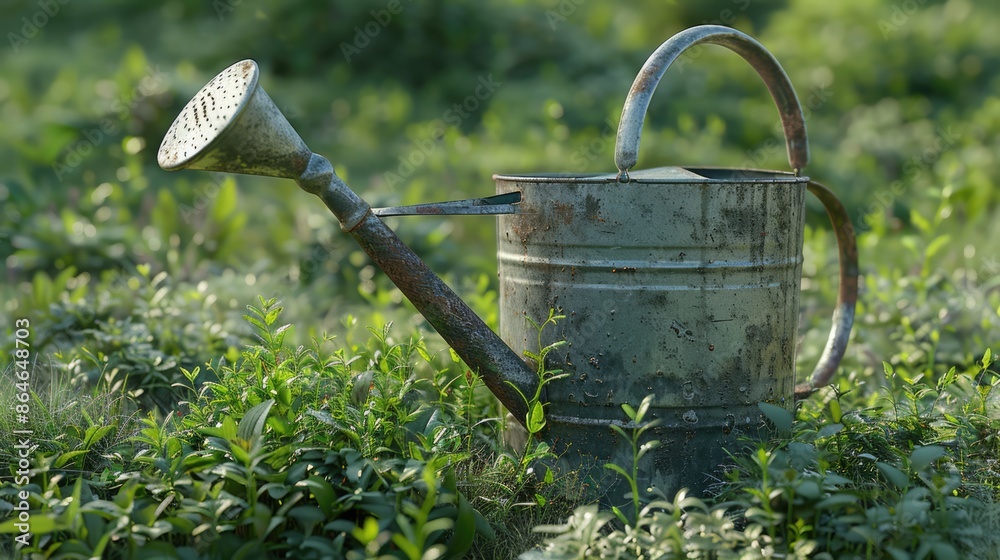 Tin watering can sit peacefully amidst lush grass in a sunny garden setting. Tin watering can sit peacefully amidst lush grass in a sunny garden setting.
