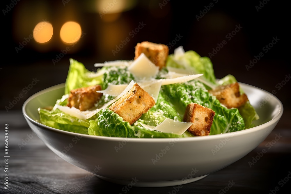 Traditional caesar salad consisting of parmesan cheese, croutons, and lettuce. salad with Caesar dressing. Delicious vegetarian recipe for a cookbook. menu for diet and fitness. top view. Traditional caesar salad consisting of parmesan cheese, croutons, and lettuce. salad with Caesar dressing. Delicious vegetarian recipe for a cookbook. menu for diet and fitness. top view.