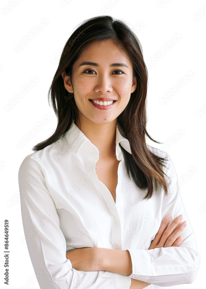 Young Asian woman in a white shirt, smiling confidently with arms crossed, isolated on a transparent background. Young Asian woman in a white shirt, smiling confidently with arms crossed, isolated on a transparent background.
