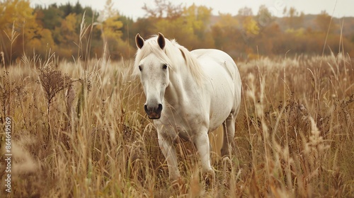 Image of a beautiful white horse standing in a tall golden field of wheat. The horse is facing the camera with a calm expression. © Vector