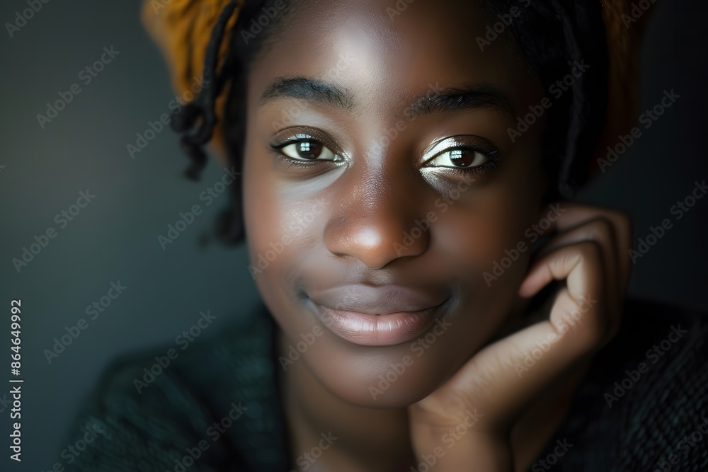 Young African girl with a thoughtful expression, with her hands on the chin Young African girl with a thoughtful expression, with her hands on the chin