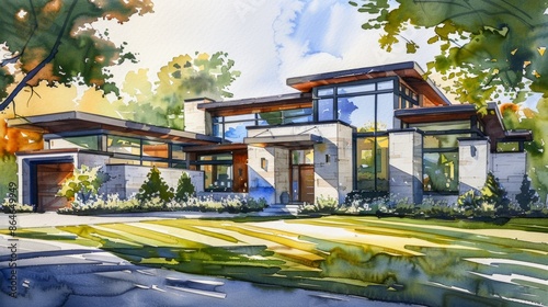 A watercolor painting of a modern home with a stone facade, large windows, and a lush green lawn, background, wallpaper