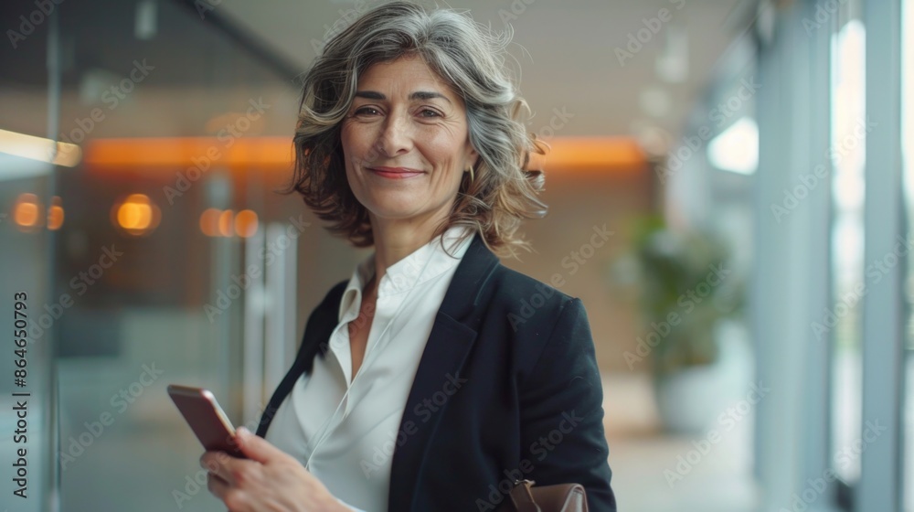 A professional woman holds her cell phone in a business setting, ideal for use in corporate or office contexts A professional woman holds her cell phone in a business setting, ideal for use in corporate or office contexts