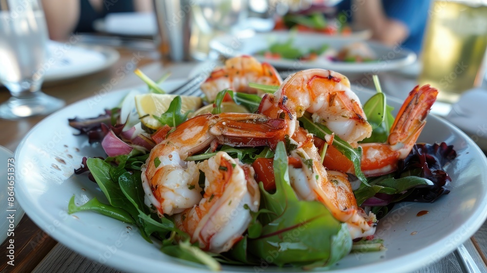 A fresh seafood salad with mixed greens, served in a cozy waterfront dining spot A fresh seafood salad with mixed greens, served in a cozy waterfront dining spot