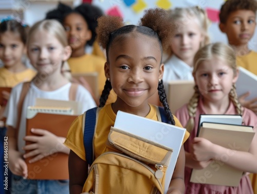 A group of kids holding books and learning together in a cozy classroom setting, great for education or literacy-related projects