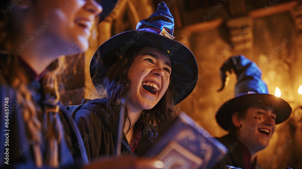 Wizards solve magical riddles in an enchanted room using spellbooks and wands, their faces full of wonder. Wizards solve magical riddles in an enchanted room using spellbooks and wands, their faces full of wonder.