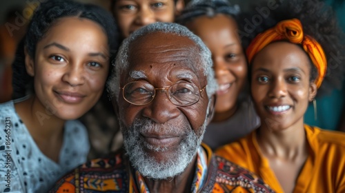 Generational Pride: Smiling Elderly Members Framed by Descendants in Family Group Photo