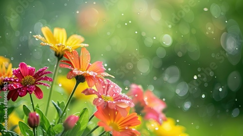 Close-up of vibrant meadow flowers with raindrops, creating a natural abstract background