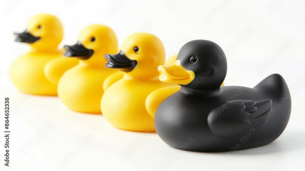 group of yellow plastic ducks next to some black ducks on a white background group of yellow plastic ducks next to some black ducks on a white background