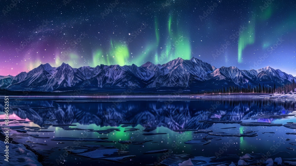 Obraz premium Aurora Night Background of Northern Lights Over Snowy Mountains Aurora photography night landscape