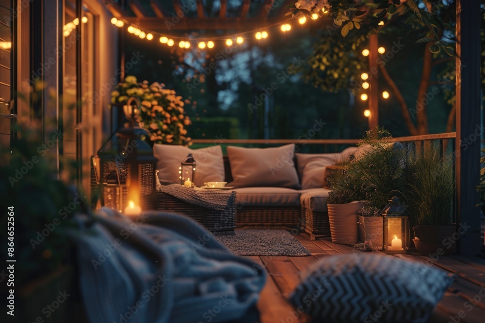Cozy outdoor setting with a couch and lit candles, ideal for relaxation or intimate gatherings Cozy outdoor setting with a couch and lit candles, ideal for relaxation or intimate gatherings