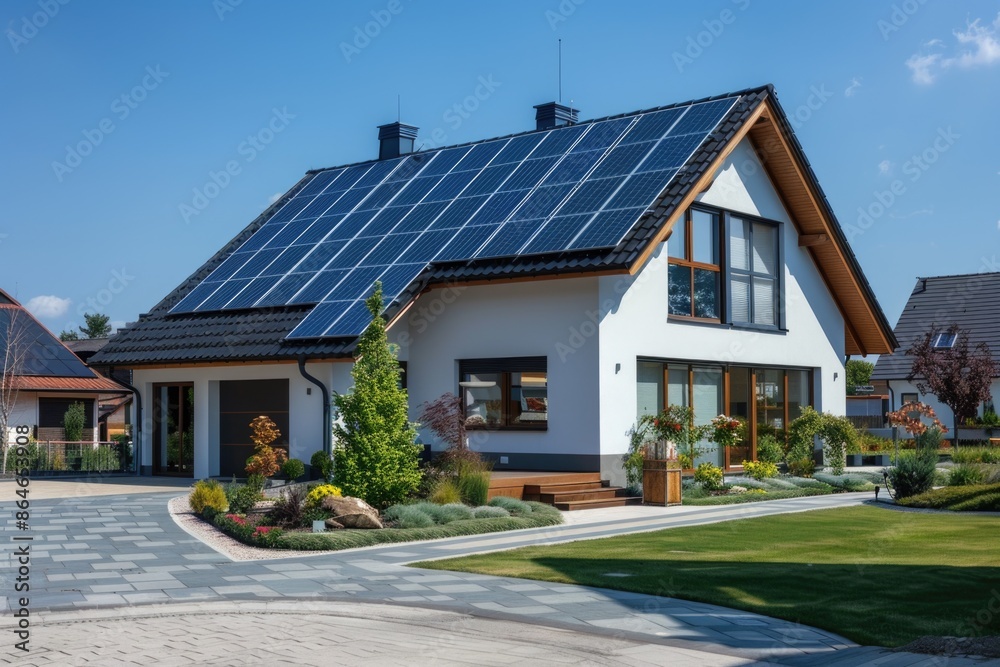 Naklejka premium A residential building with solar power generation system installed on its rooftop
