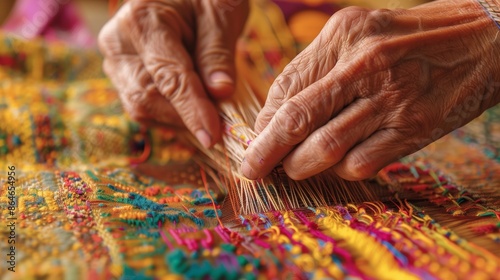 Artisan's skilled hands weave vibrant, naturally dyed threads, showcasing craftsmanship and traditional techniques.