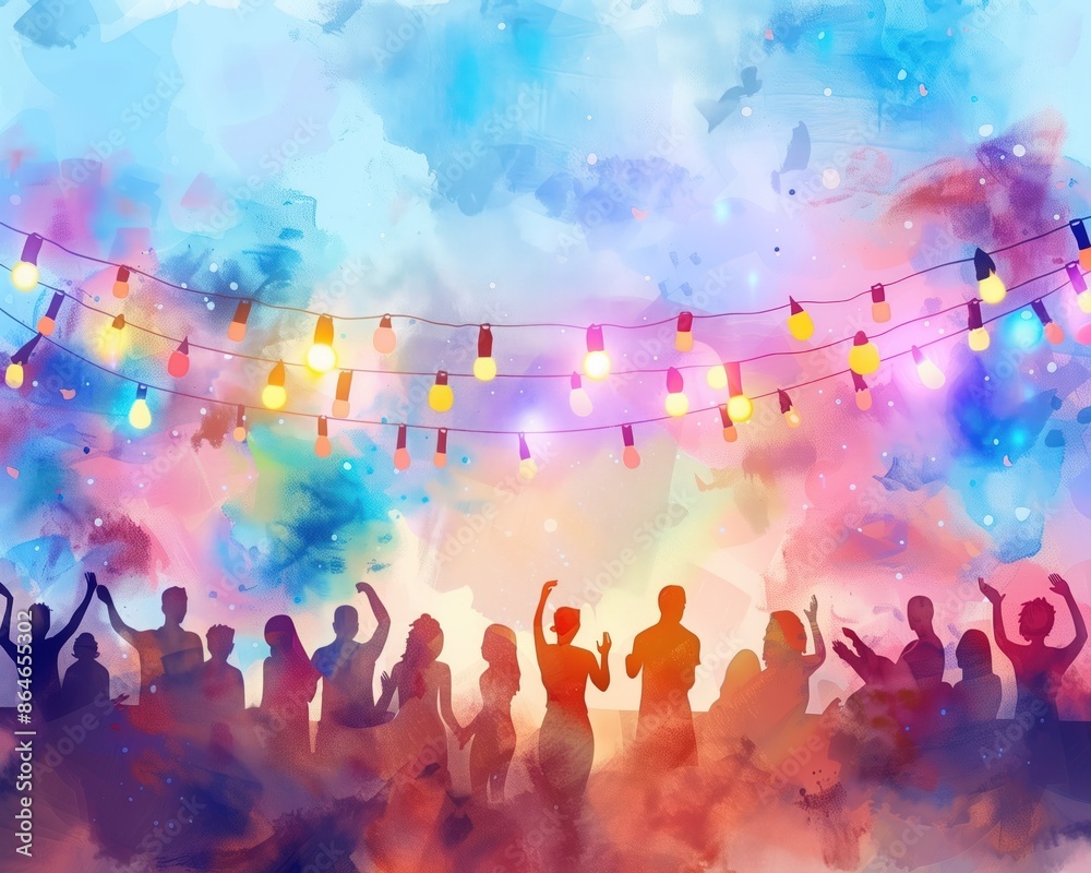 A group of people are dancing and celebrating under a colorful sky, having a barbecue, bbq, illustrations, summer activities. A group of people are dancing and celebrating under a colorful sky, having a barbecue, bbq, illustrations, summer activities.