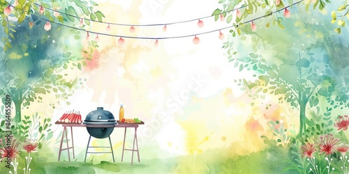 A watercolor painting of a backyard barbecue with a grill, a table, having a barbecue, bbq, illustrations, summer activities.	