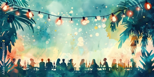 A painting of a group of people sitting around a table with drinks and food, having a barbecue, bbq, illustrations, summer activities.	