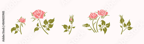 Rose silhouettes with leaves and buds Vector Set. Flower Stencil. Pink Green Color.