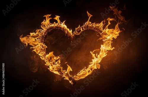 Fiery Heart Shape Formed By Flames On Black Background