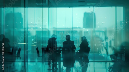 Team having a business meeting in a modern office with glass walls. Blurred moody teal background with people's silhouettes. Creative architecture interior concept.
