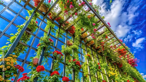 Vibrant vertical garden trellis against a bright blue sky, captured from a worm's eye perspective photo