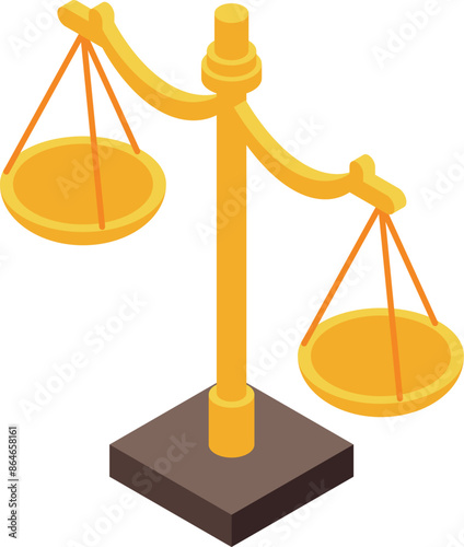 Golden scale balancing justice, law and order symbol in isometric view representing legal system and court