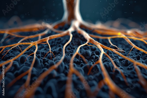 Close-up shot of a tree's intricate root system spreading out in dark soil, illustrating nature's complex underground network. photo
