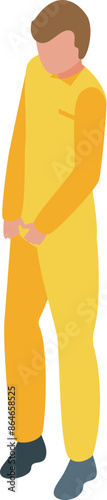 Young man in yellow overall feeling ashamed and awkward