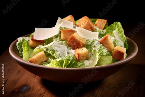 Traditional caesar salad consisting of parmesan cheese, croutons, and lettuce. salad with Caesar dressing. Delicious vegetarian recipe for a cookbook. menu for diet and fitness. top view. superior qua photo