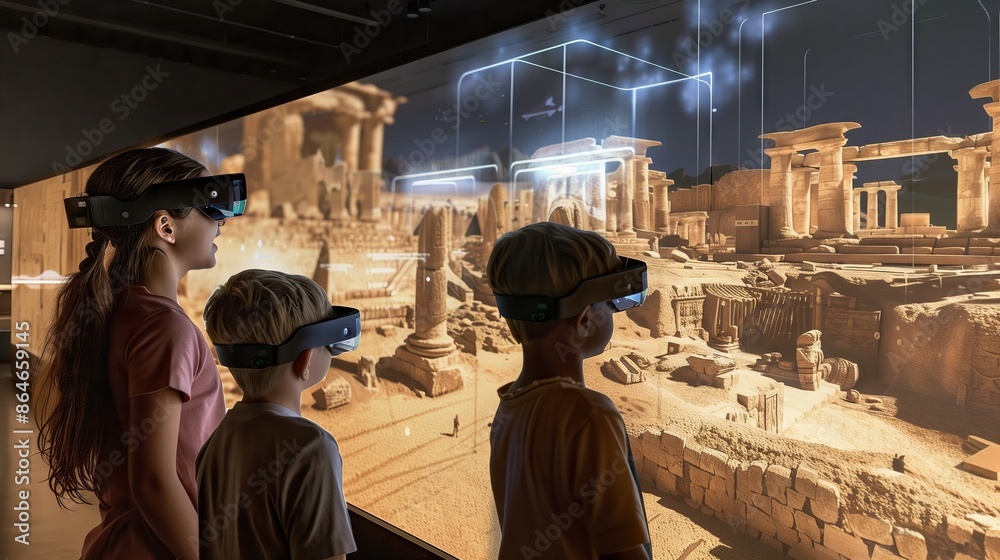 Children using AR glasses explore ancient civilization ruins brought to life for an immersive experience.