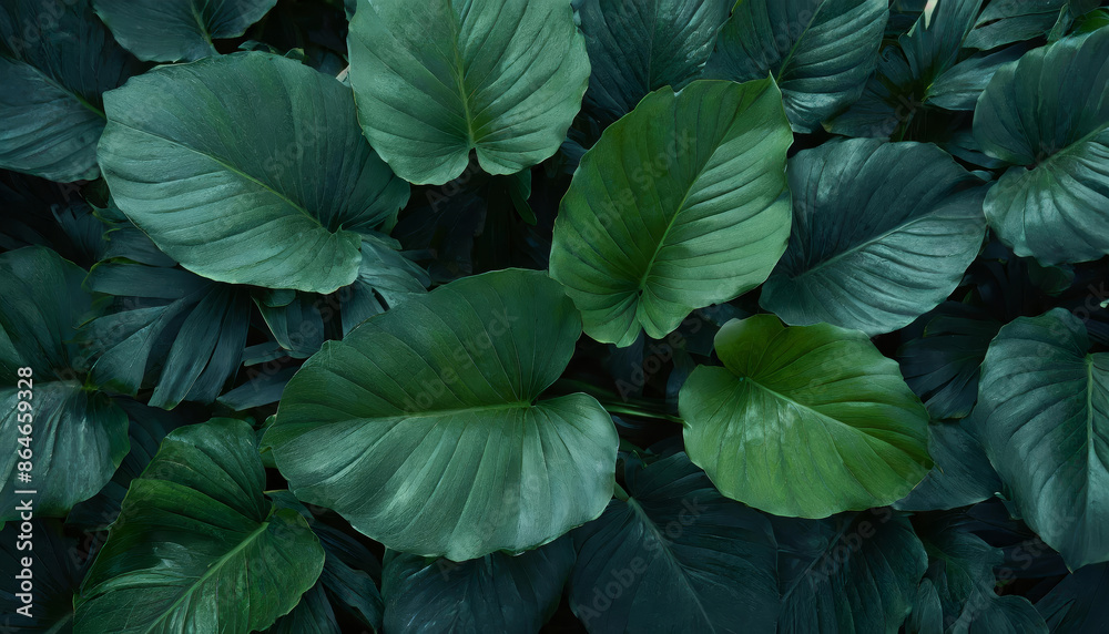 Top down view of big green tropical monstera deliciosa and elephant ear colocasia leaves in cold color palette wallpaper or background. Large american and asian ornamental turquoise flowering plants. Top down view of big green tropical monstera deliciosa and elephant ear colocasia leaves in cold color palette wallpaper or background. Large american and asian ornamental turquoise flowering plants.