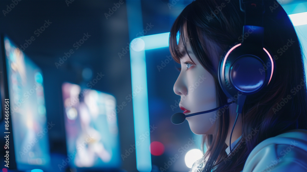 ゲームに集中する美しい日本人女性プロゲーマー ゲームに集中する美しい日本人女性プロゲーマー