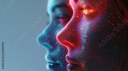 Digital art showing AI creating human-like faces, Generative Adversarial Networks, exploring synthetic identity © Naret