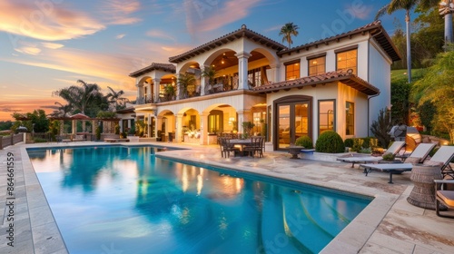 beautiful mansion with a large pool and palm trees on a sunset