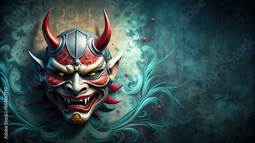 Mysterious background featuring an Oni mask and Japanese symbols , Oni, demon, supernatural, mask, folklore, illusion photo