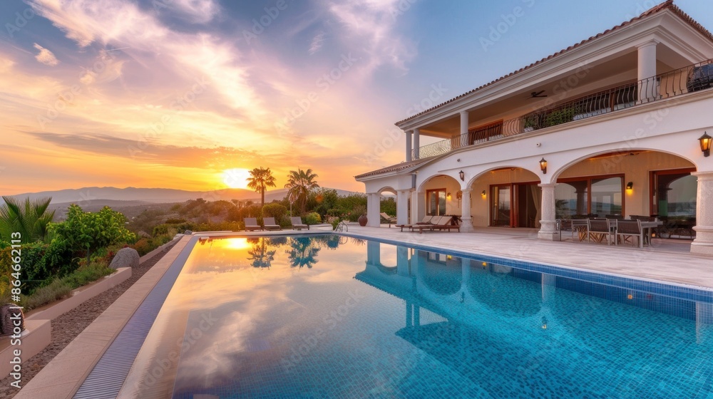 Fototapeta premium beautiful mansion with a large pool and palm trees on a sunset