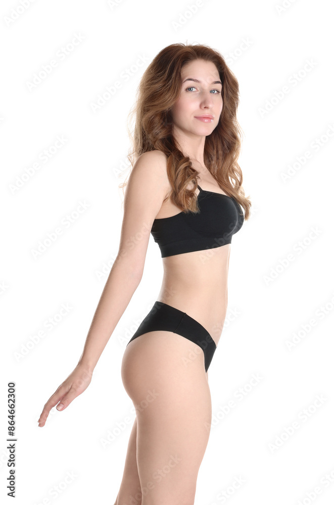 Woman with slim body posing on white background